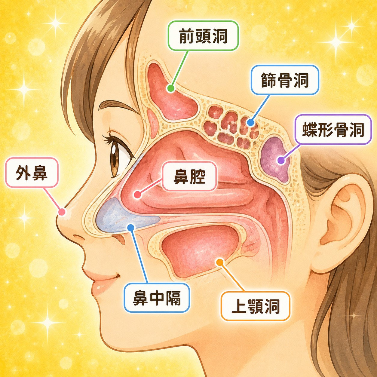 鼻の構造の図解（外鼻・鼻腔・鼻中隔・副鼻腔4種）