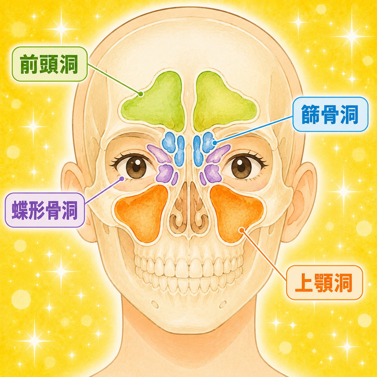 副鼻腔の4つの空洞の図解（前頭洞・篩骨洞・蝶形骨洞・上顎洞）