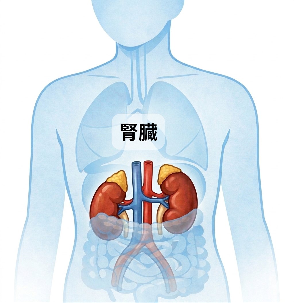 腎臓の位置を示す図解 ─ 背中側・腰よりやや上に左右一対