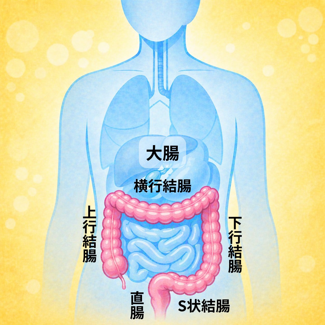 大腸の位置と構造を示す図解 ─ 上行結腸・横行結腸・下行結腸・S状結腸・直腸