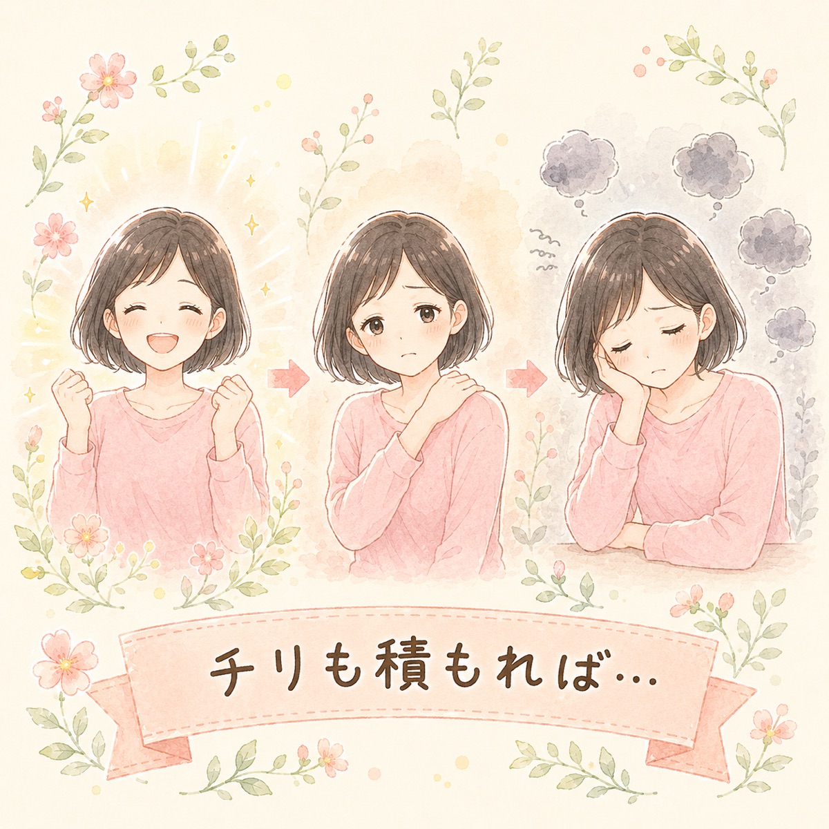 朝→夕方→夜と日々の疲労が蓄積していく様子のイラスト